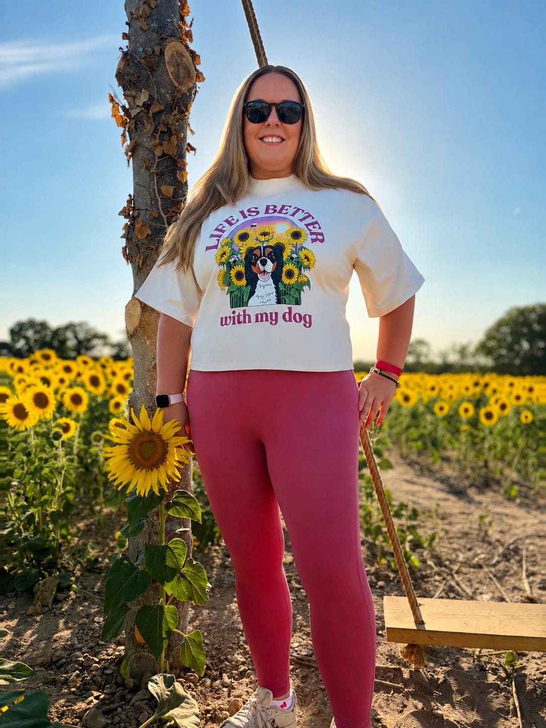 Customer photo review of Personalised Sunflower Boxy T-Shirt | Life is Better With My Dog