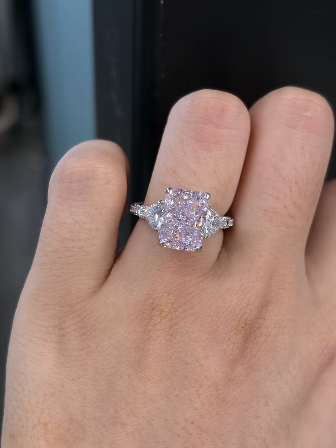 Customer photo review of S925 5.0Ct Pink/White Stone Radiant Cut Three Stone Engagement Ring Anniversary Ring For Women