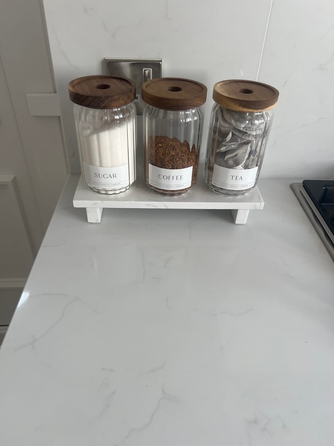 Customer photo review of Ribbed Set of 3 Acacia Glass Jars Tea, Coffee and Sugar 750 ML & Rectangle Tray
