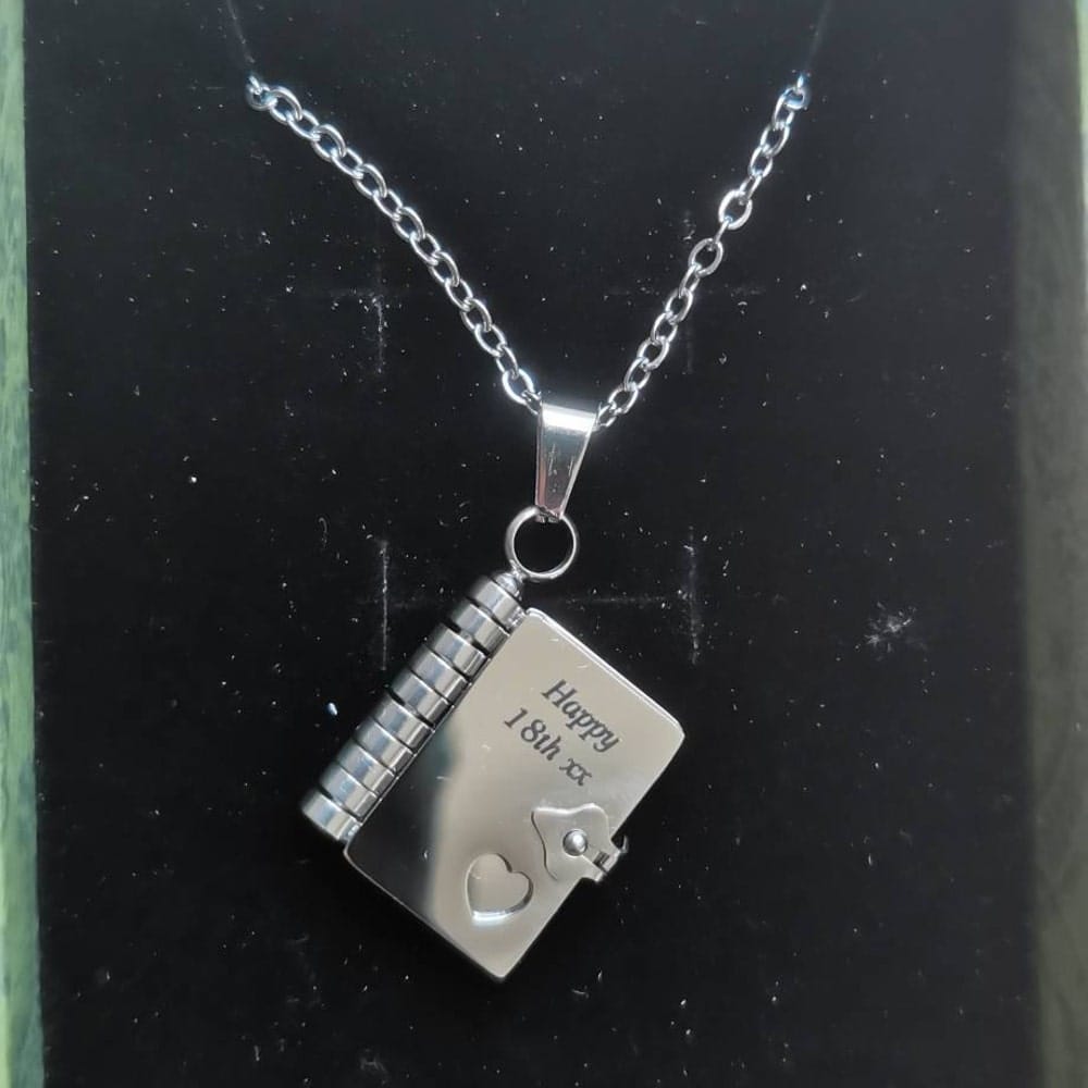 Customer photo review of Book Necklace - Personalized Opening Book Pendant Necklace