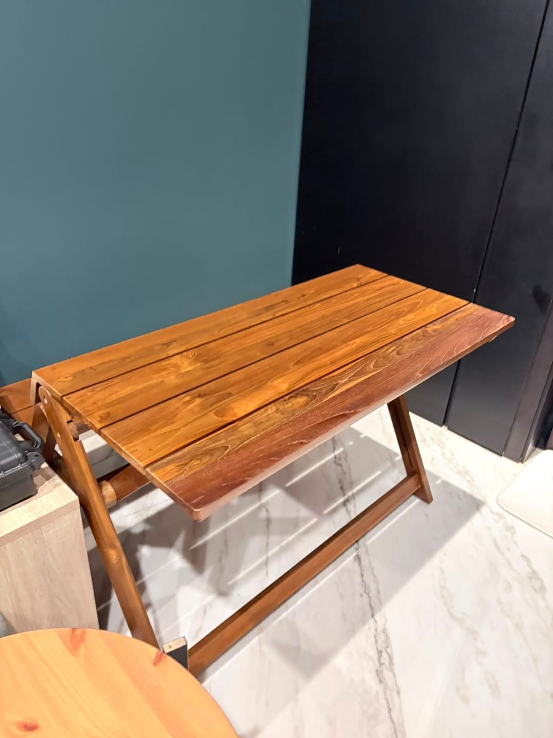 Customer photo review of Foldable Outdoor Table with Built-In Bench — Quality Reclaimed Teak Wood