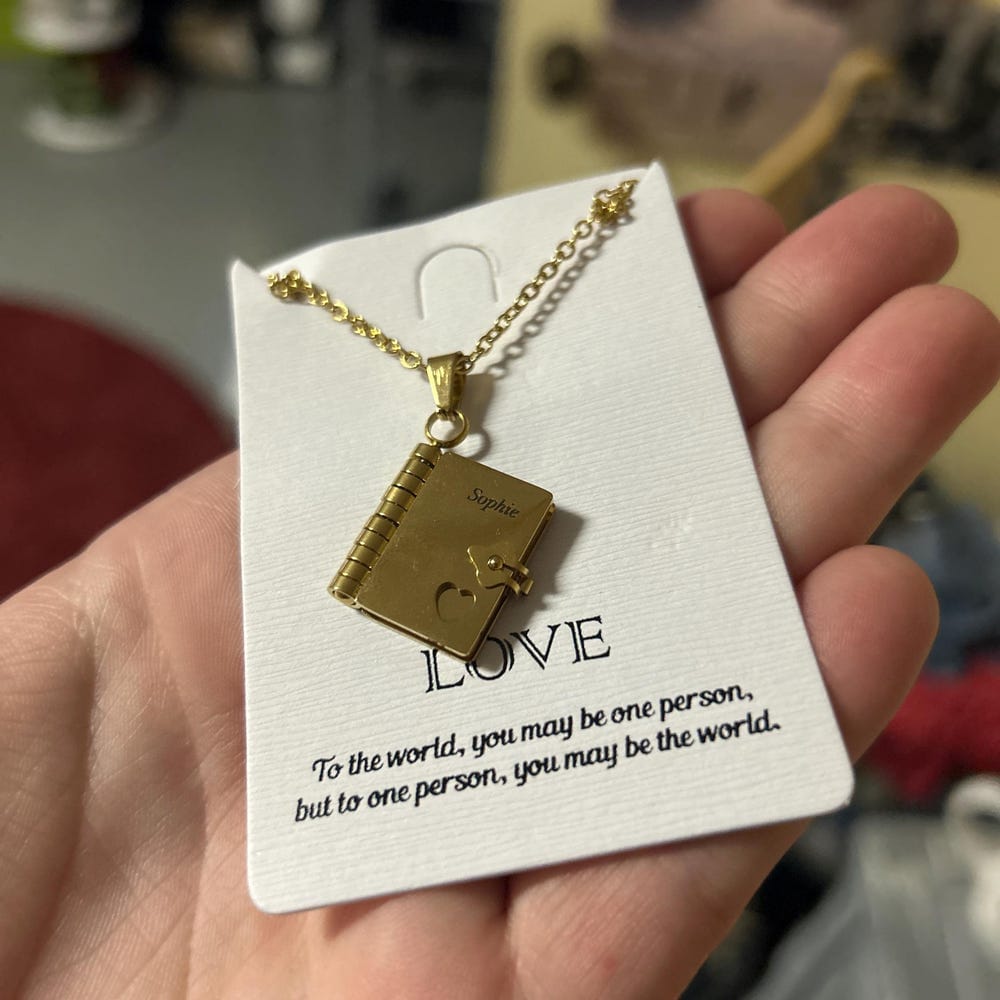 Customer photo review of Book Necklace - Personalized Opening Book Pendant Necklace