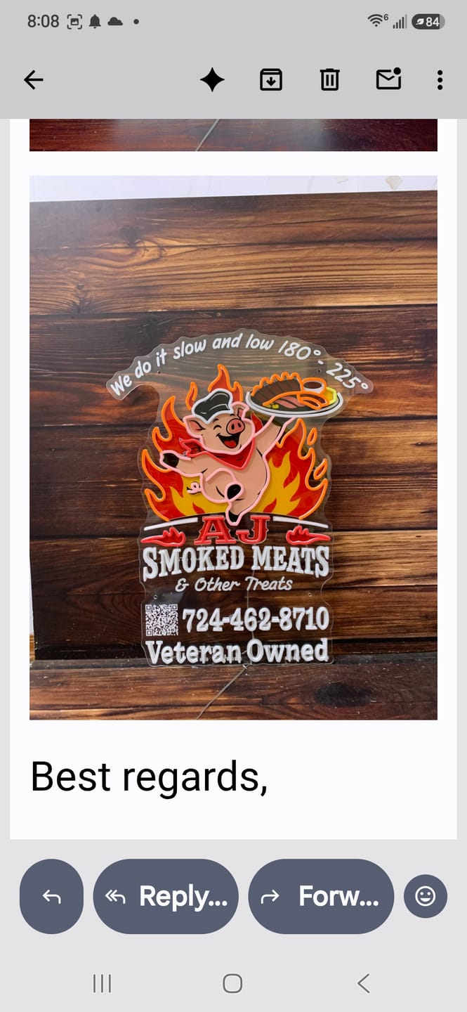 Customer photo review of AJ SMOKED MEATS | LED Neon Sign (Outdoors)