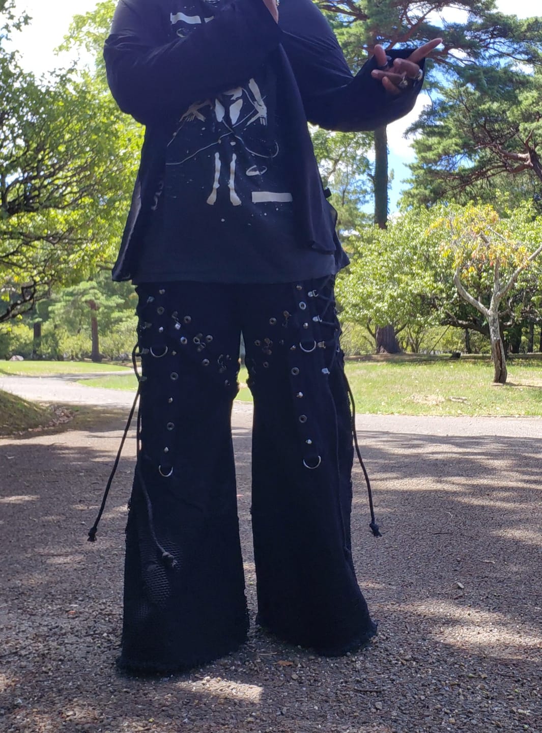 Customer photo review of Men's Punk Ripped Mesh Splice Lace-up Baggy Trousers