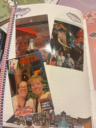 Customer's Welcome to Vegas Sticker Sheet designs decorating a journal page alongside travel photos.