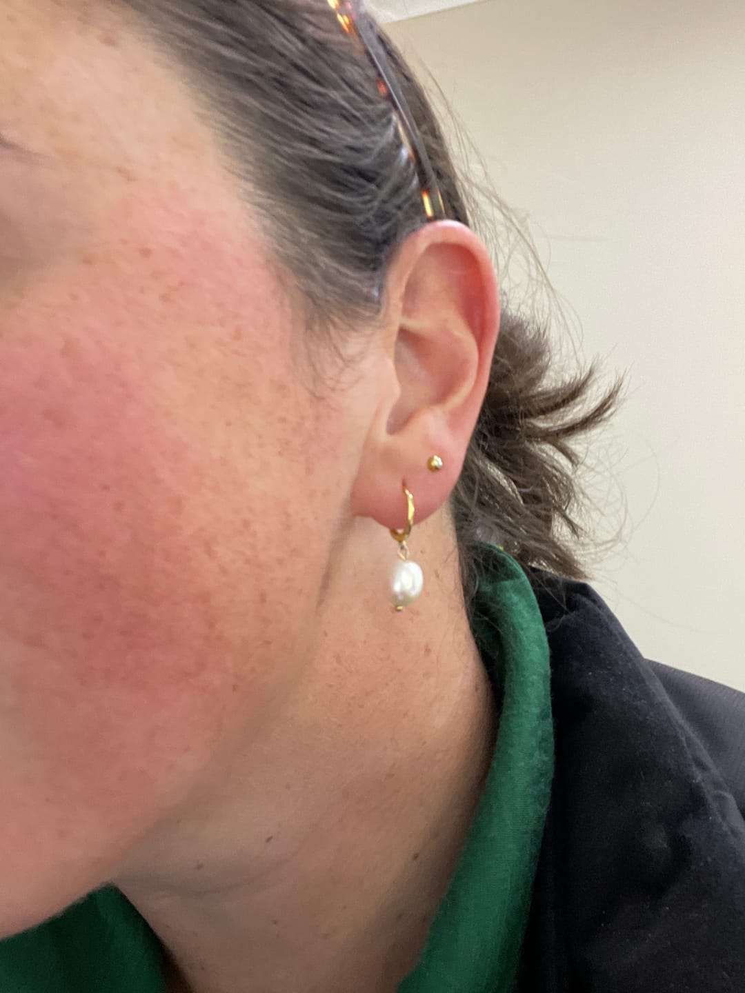 Customer photo review of Pearl Hoop Huggie Earrings