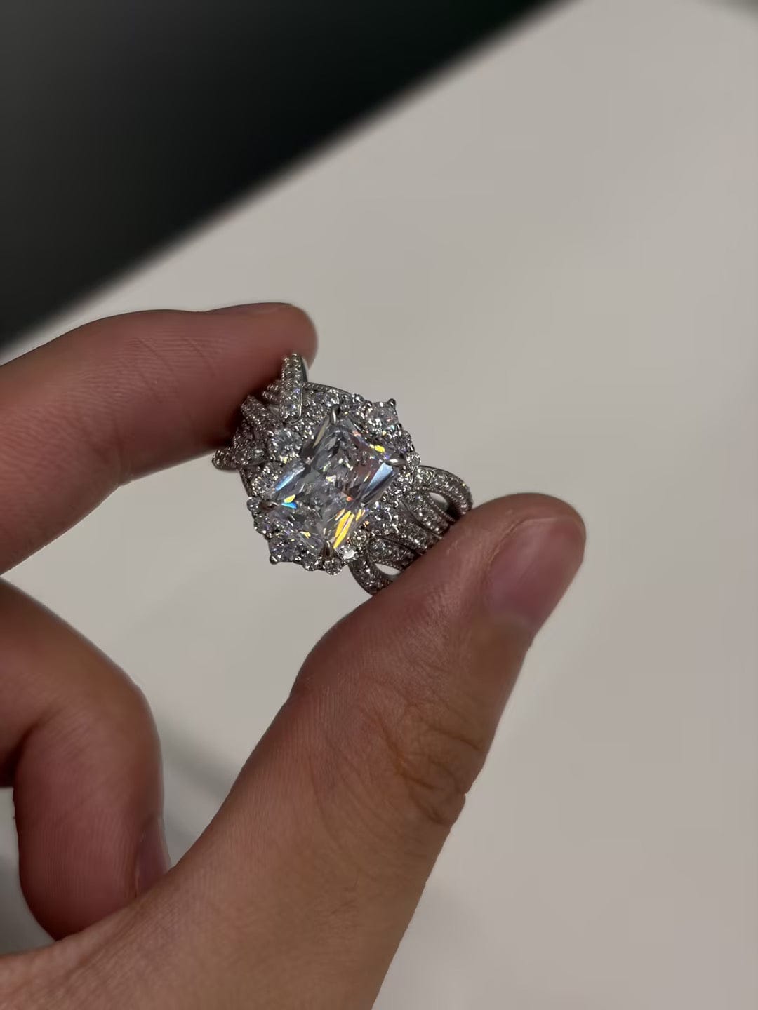 Customer photo review of S925 3.0Ct Radiant Cut Black Stone/White Stone Halo Insert Wedding Ring Set For Women In Sterling Silver