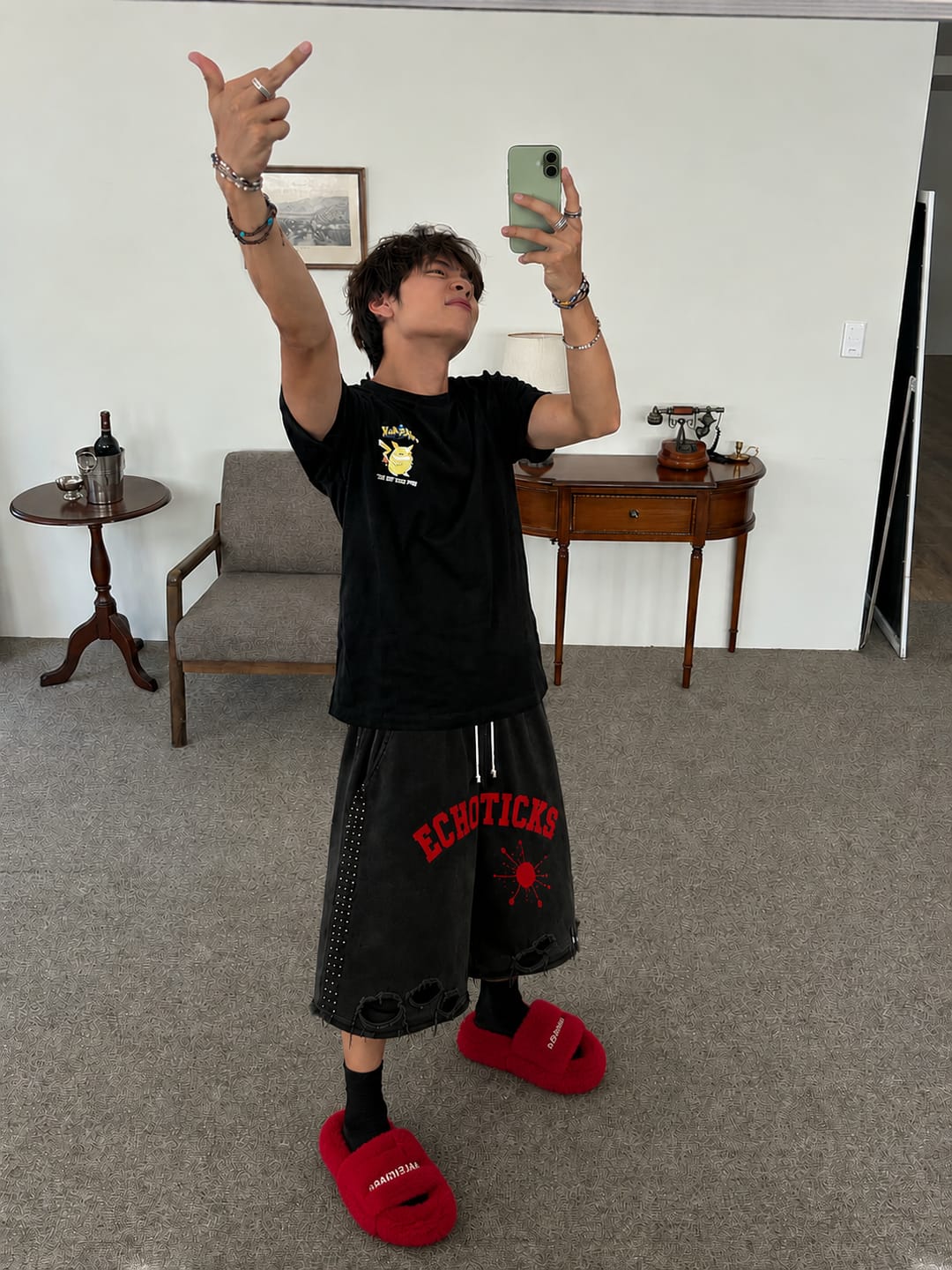 Customer photo review of ECHOTICKS Studded Distressed Streetwear Shorts