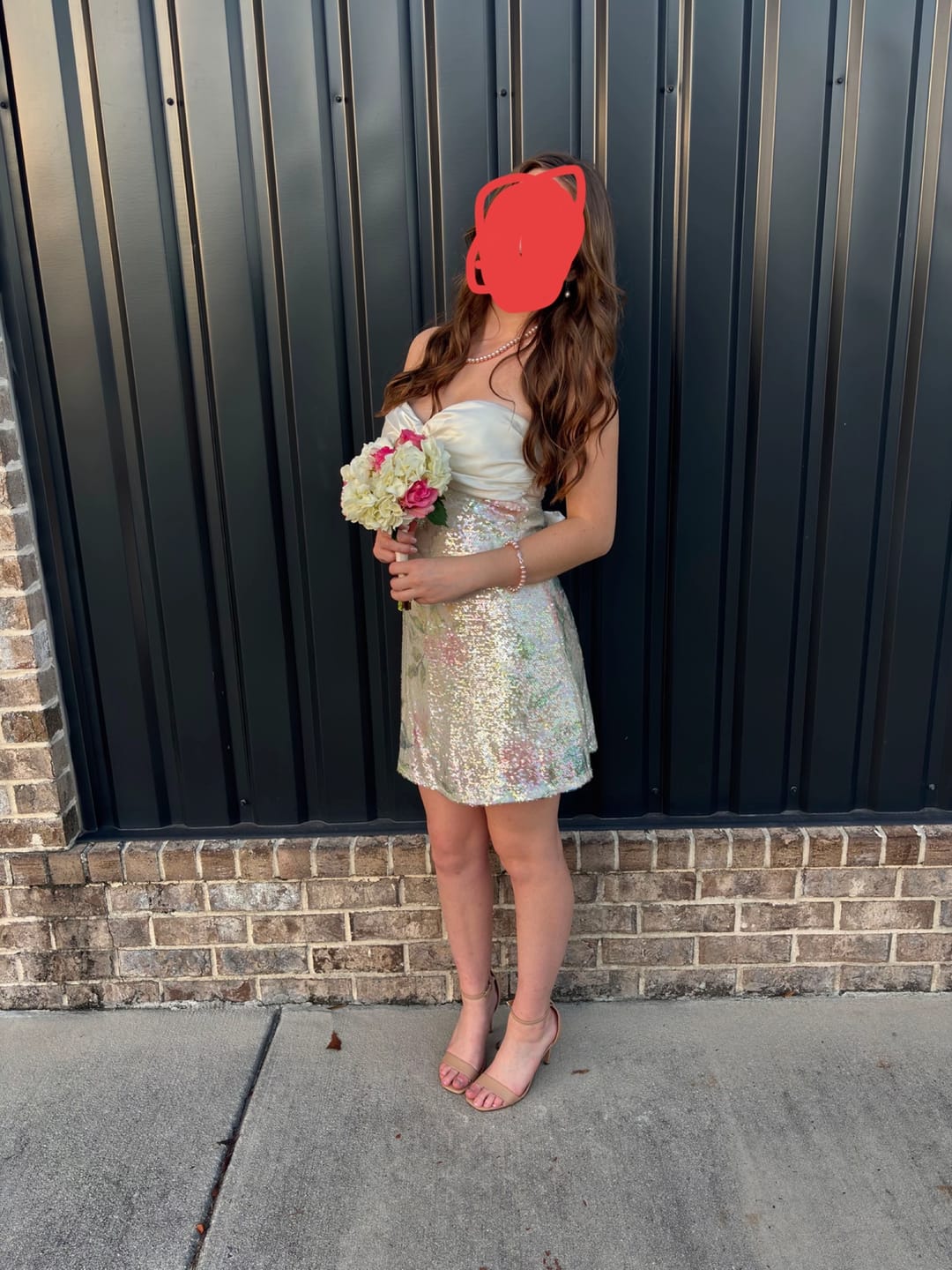 Customer photo review of Strapless Ivory Twist Floral Sequin Short Dress with Slit
