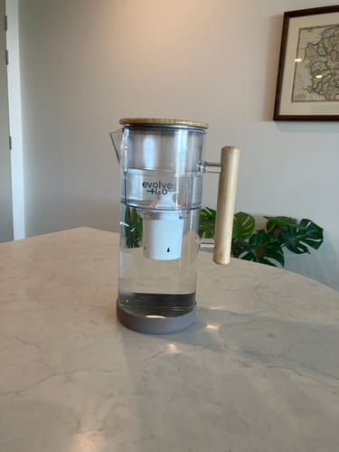 Glass Water Filter Jug on a marble table