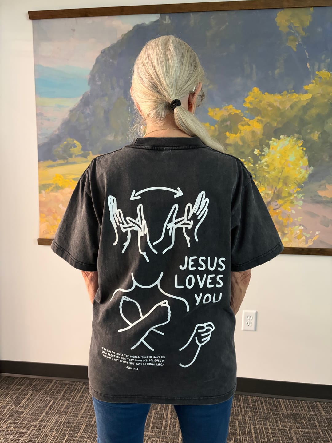 Customer photo review of JESUS LOVES YOU ASL T-SHIRT