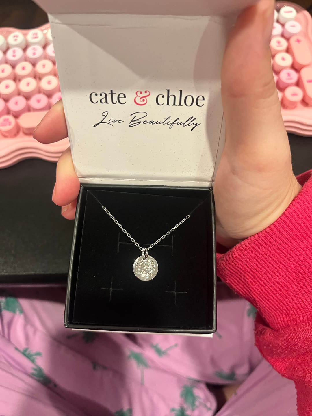 Customer photo review of Floral 18k White Gold Plated Engraved Birth Month Flower Pendant Necklace