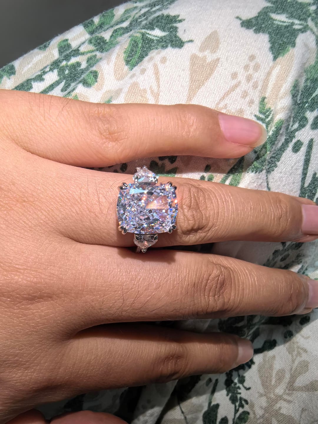 Customer photo review of S925 6.0Ct Cushion Cut Three Stone Engagement Ring Simulated or Moissanite Diamond Bridal Rings For Women