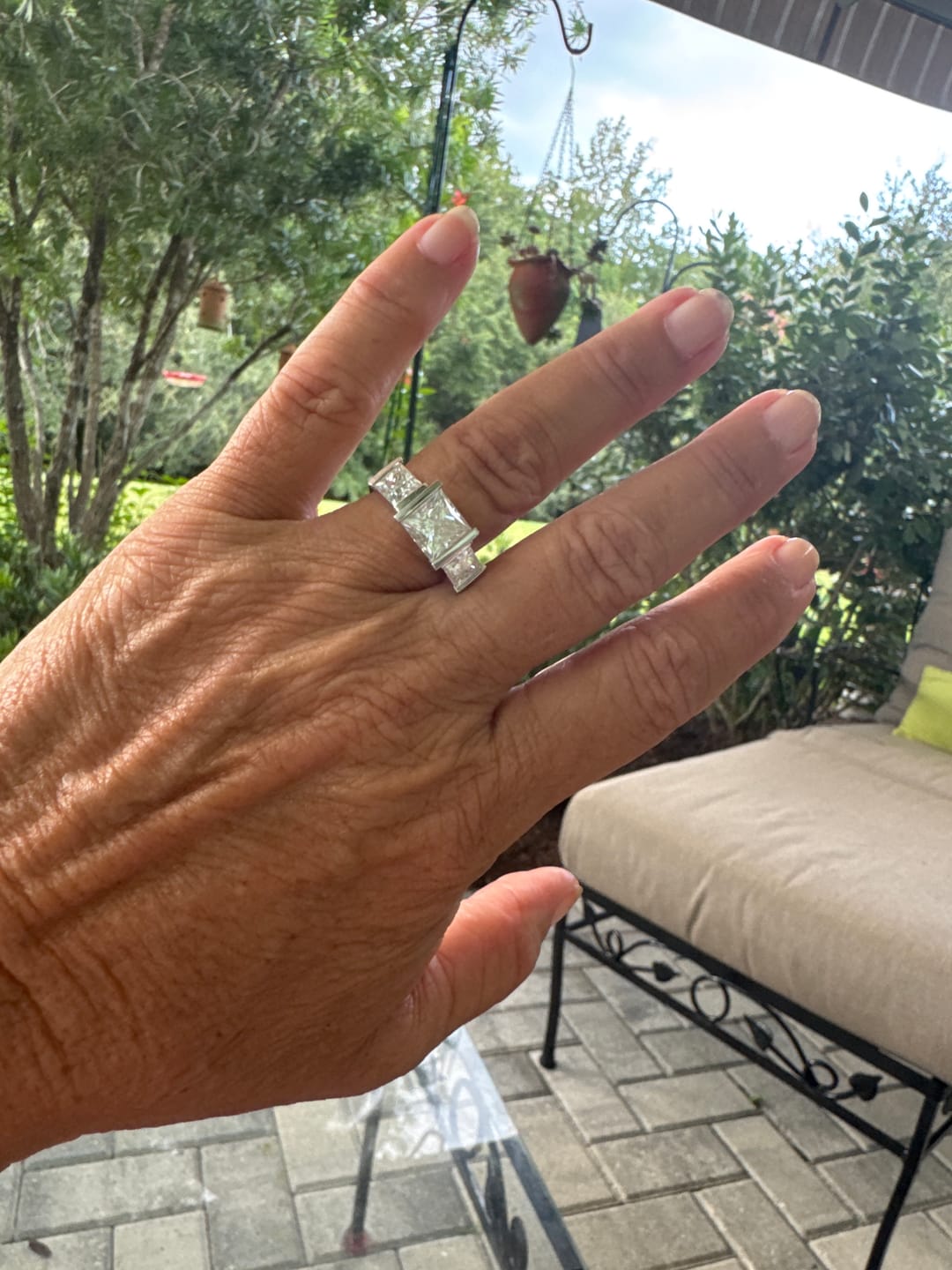Customer photo review of Three Stone Princess Cut Moissanite Bar Set Engagement Ring