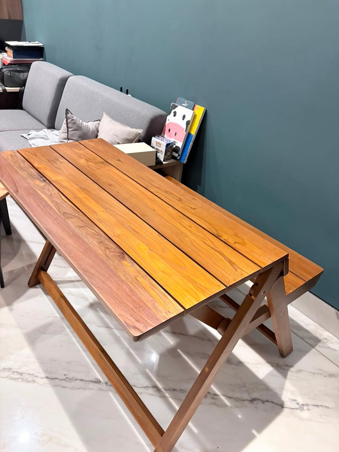 Customer photo review of Foldable Outdoor Table with Built-In Bench — Quality Reclaimed Teak Wood