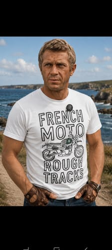 Customer's COLLECTION MC QUEEN white graphic t-shirt showing a motorcycle design worn by a person outdoors.