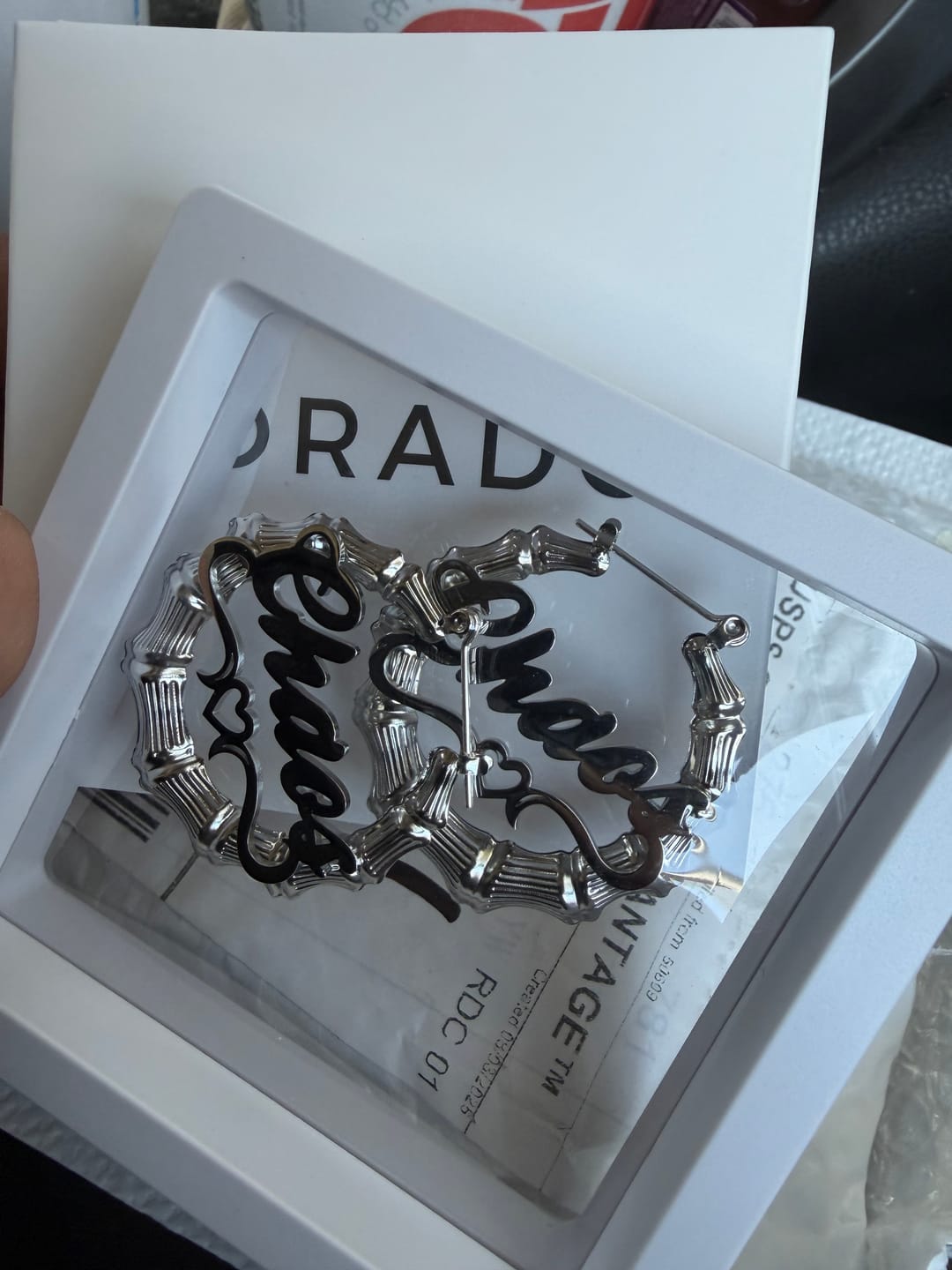Customer photo review of Heart Outline Bamboo Name Hoop Earrings