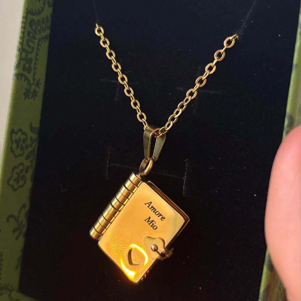 Customer photo review of Book Necklace - Personalized Opening Book Pendant Necklace