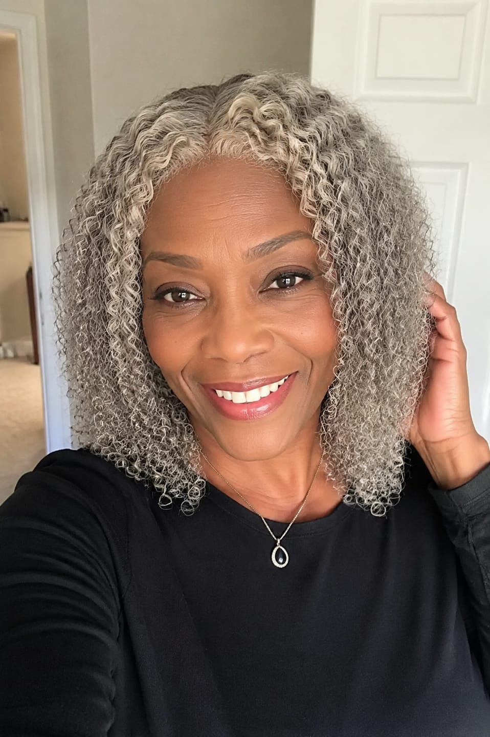 Customer photo review of Luvwin 5x5 Deep Curly Salt And Pepper Glueless Gray Color Pre-Cut Lace Bob Wig