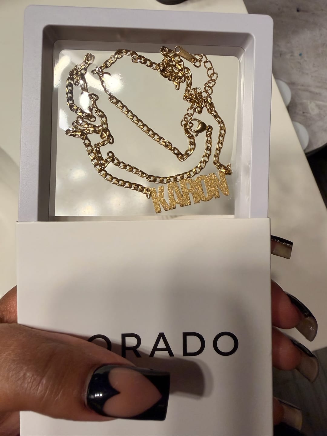 Customer photo review of Diamond Cut Block Name Necklace