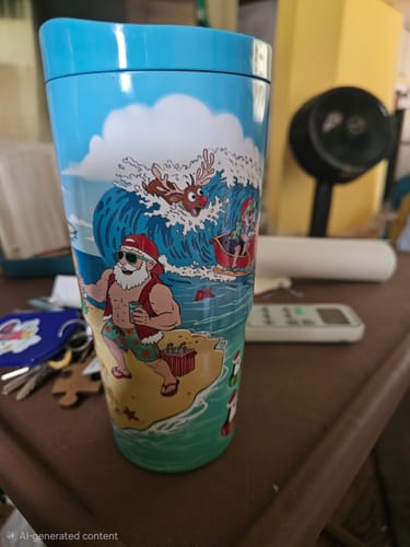 Customer's Sleighcation To-Go Buddy cup featuring colorful, vibrant beach-themed Christmas illustration