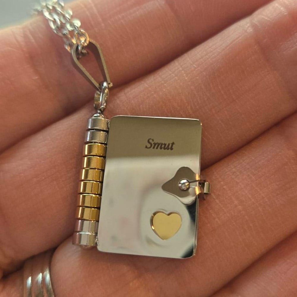 Customer photo review of Book Necklace - Personalized Opening Book Pendant Necklace