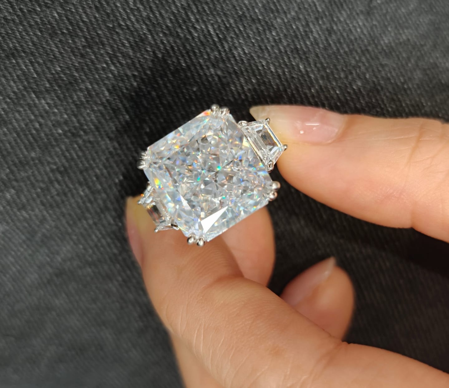 Customer photo review of S925 6.5/12.0 Ct Radiant Cut Crushed Ice Simulated Diamond Three-Stone Engagement Travel Ring