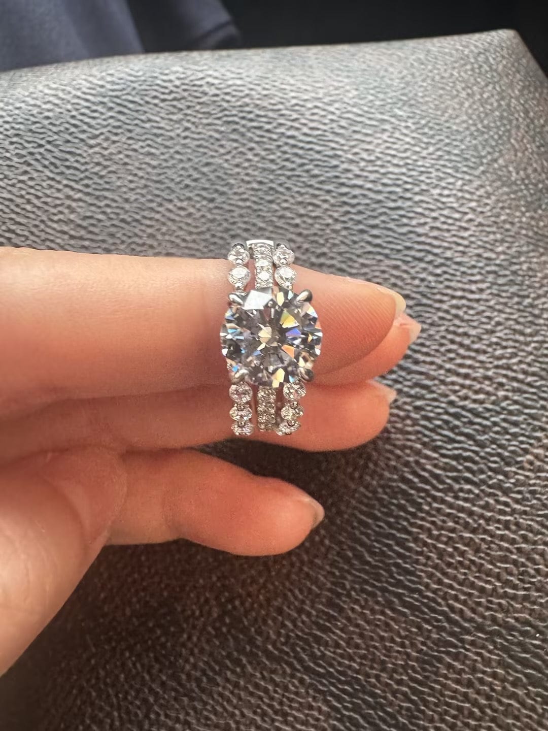Customer photo review of S925 2.0Ct Round Cut Engagement Ring with 0.77Ct Enhancer Wedding Band For Everyday Wear