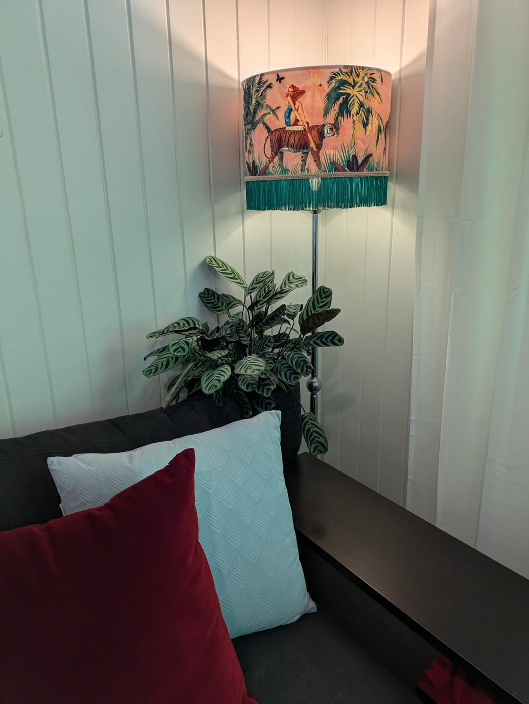 Customer photo review of Queen K Jungle Walk Pink Fringed Drum Lampshade