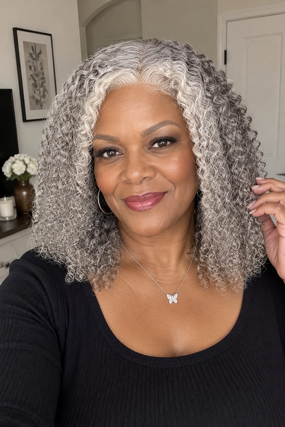 Customer photo review of Luvwin 5x5 Deep Curly More Salt Frontal Salt And Pepper Glueless Gray Color Pre-Cut Lace Bob Wig