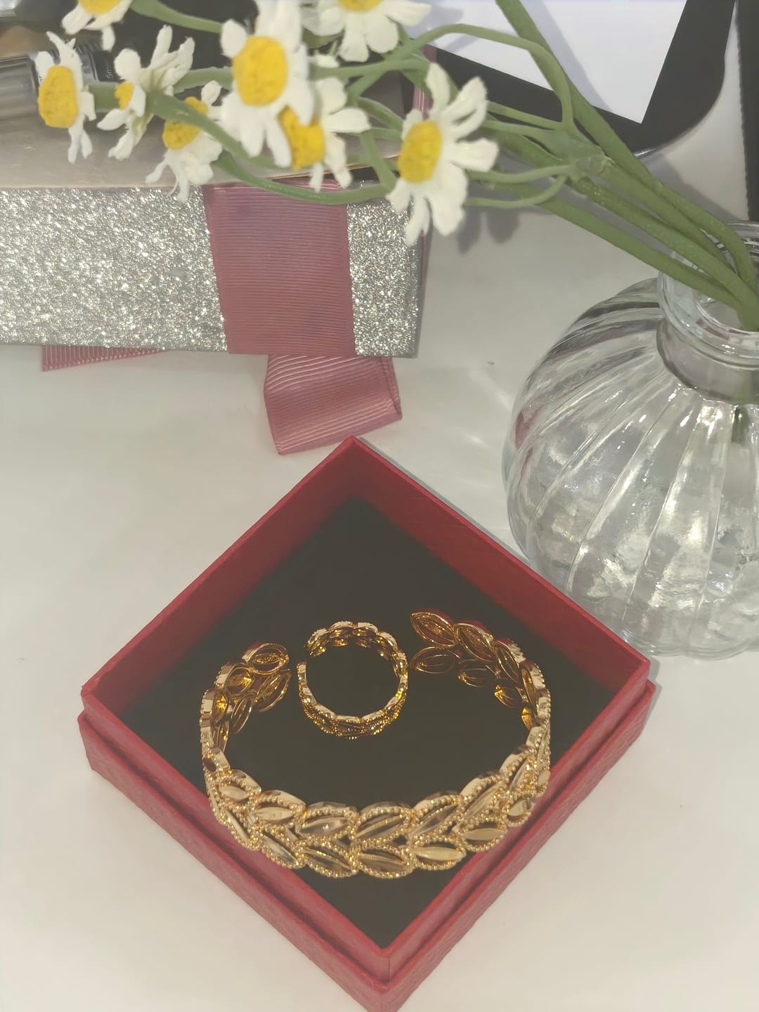 Customer photo review of HilalHaven "Golden Harvest" Wheat Leaf Bracelet & Ring Set — Polished Brass