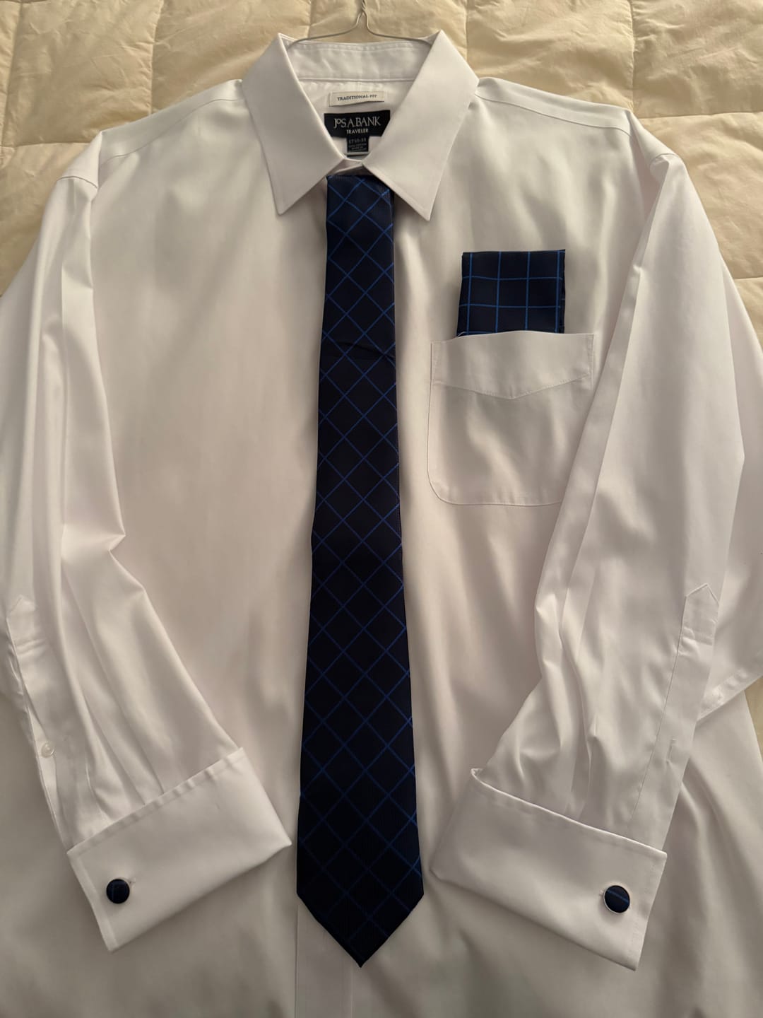 Customer photo review of Barry. Wang Dark Blue Tie Light Blue Lines Checkered Necktie Set for Men