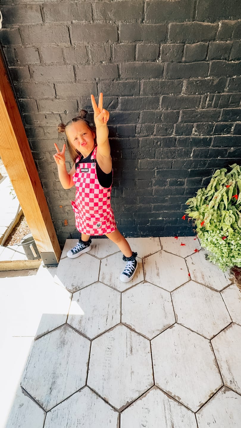Customer photo review of Overall Dress in Bubble Gum Checkered