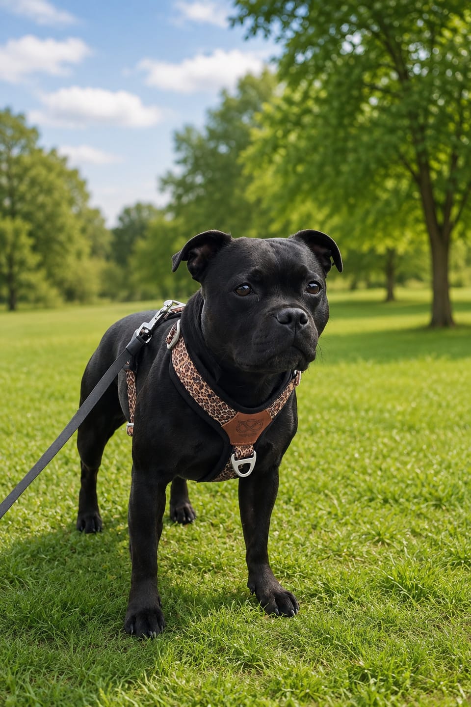 Customer photo review of Staffordshire Bull Terrier 1935® Harness & Leash Set - Leopard