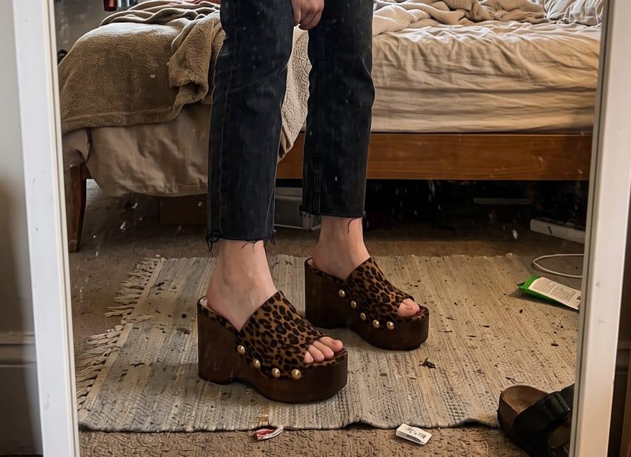 Customer photo review of Ines Studded Wood Platform Mules