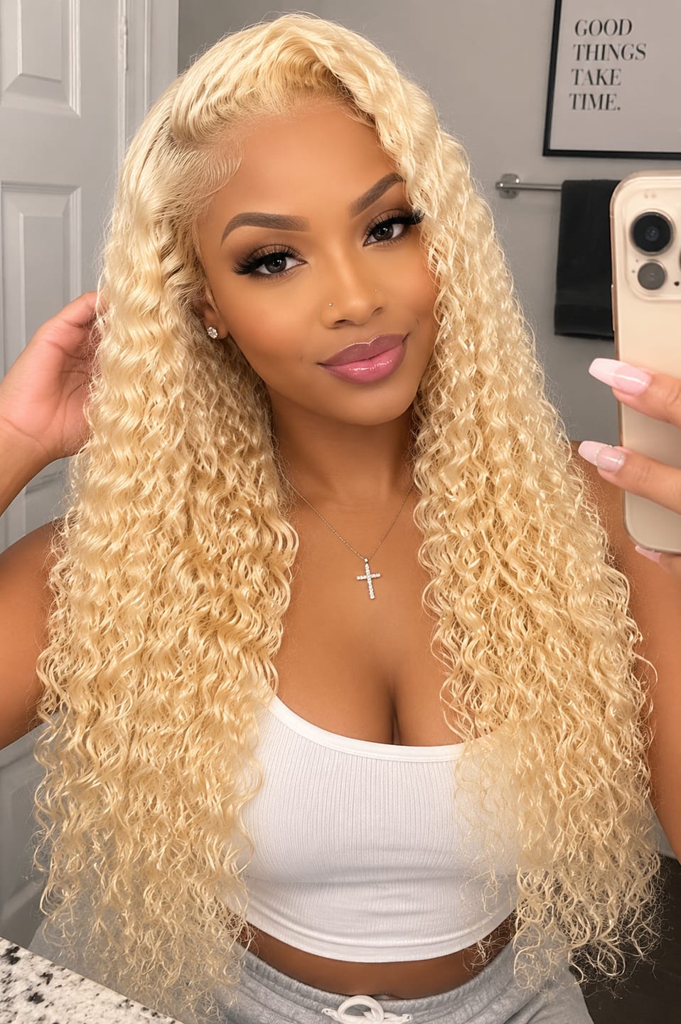 Customer photo review of Luvwin 613 Blonde Color Deep Wave 13x4 Pre-cut Lace Frontal Wig For Black Women