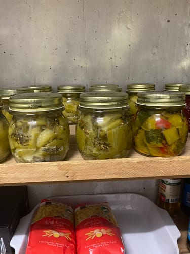 Reviewer's prepared Gurkengewürz Einmachmischung in glass jars stored on a shelf.