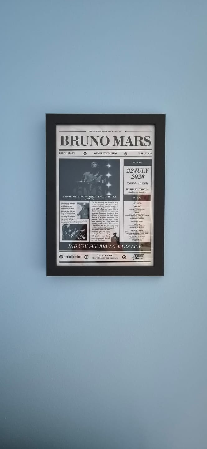 Customer photo review of Bruno Mars - Personalised Newspaper Style Concert Poster