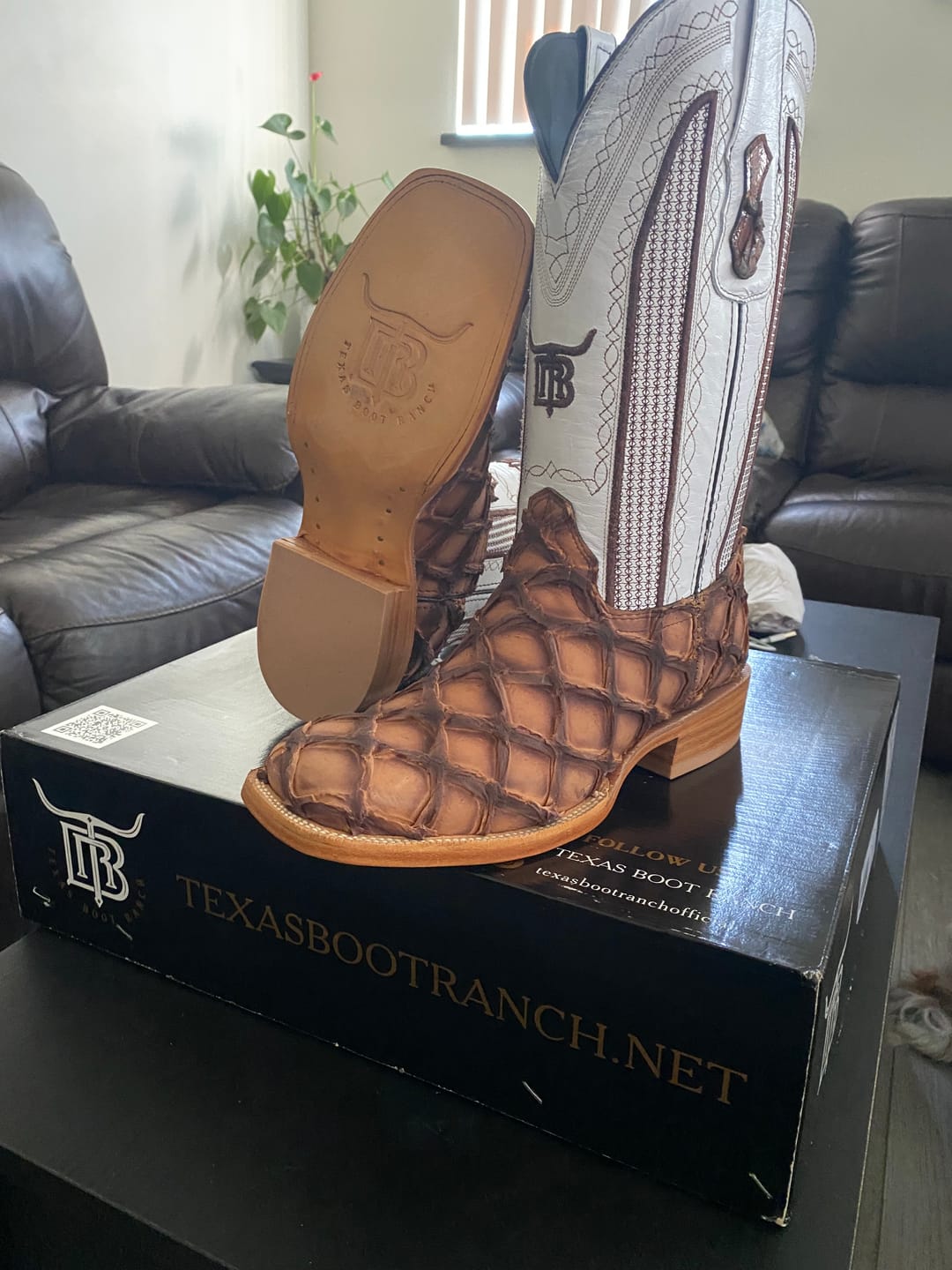 Customer photo review of Tan Jumbo Pirarucu Leather Boots - Square Toe