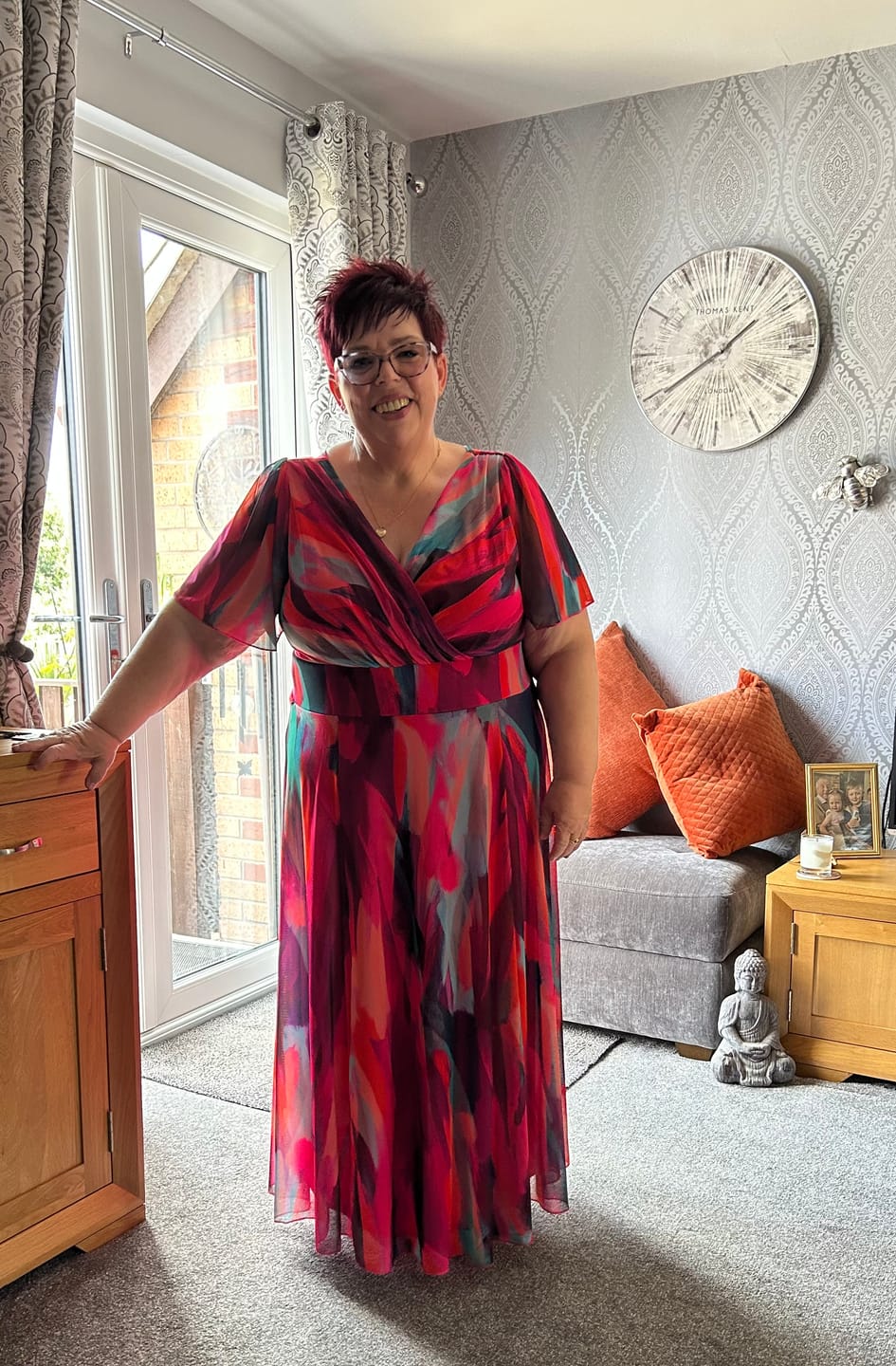Customer photo review of Petite Isabelle Winter Pink Print Float Sleeve Maxi Dress