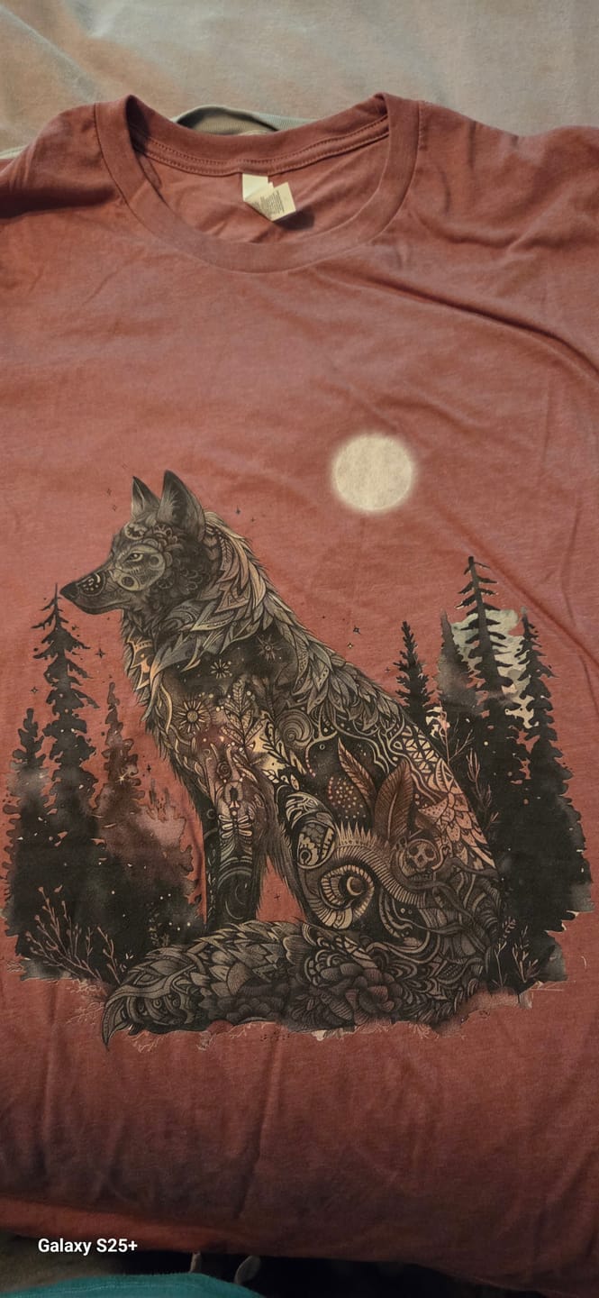 Customer photo review of Nightfall Wolf Bella + Canvas Tee – Mystical Forestcore Tee