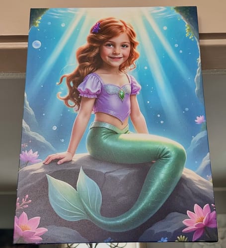 Customer's Mermaid Magic personalized portrait on canvas, showing a young girl as a mermaid in an underwater setting.