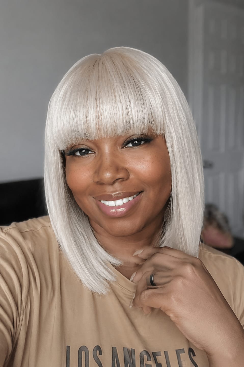 Customer photo review of Luvwin 95% White Salt and pepper Straight Platinum Blonde 100% Glueless Full Machine Made Bang Bob Wig With Small Lace