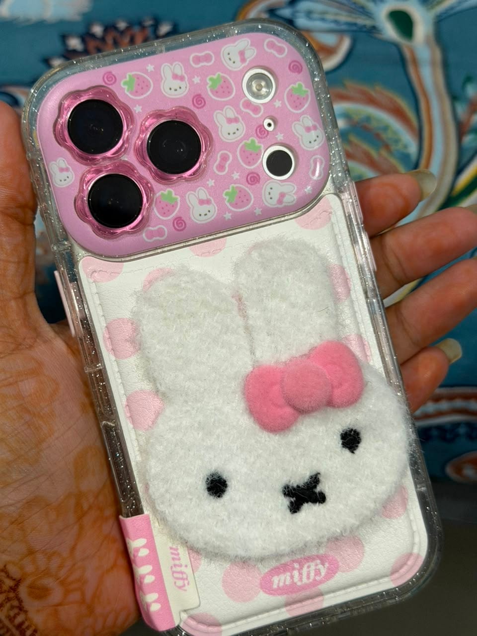 Customer photo review of Cute Bunny iPhone Case with Plush Charm & Strap