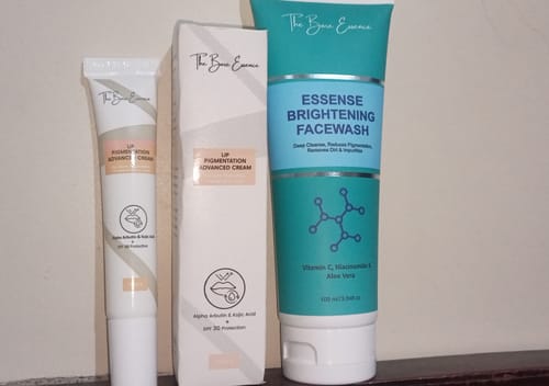 Customer's pack of two Lip Cream tubes and a teal Brightening Facewash bottle standing on a flat surface.