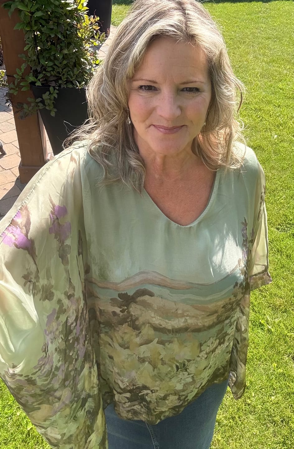 Customer photo review of Meo Silk Wildflower Blouse (Olive)