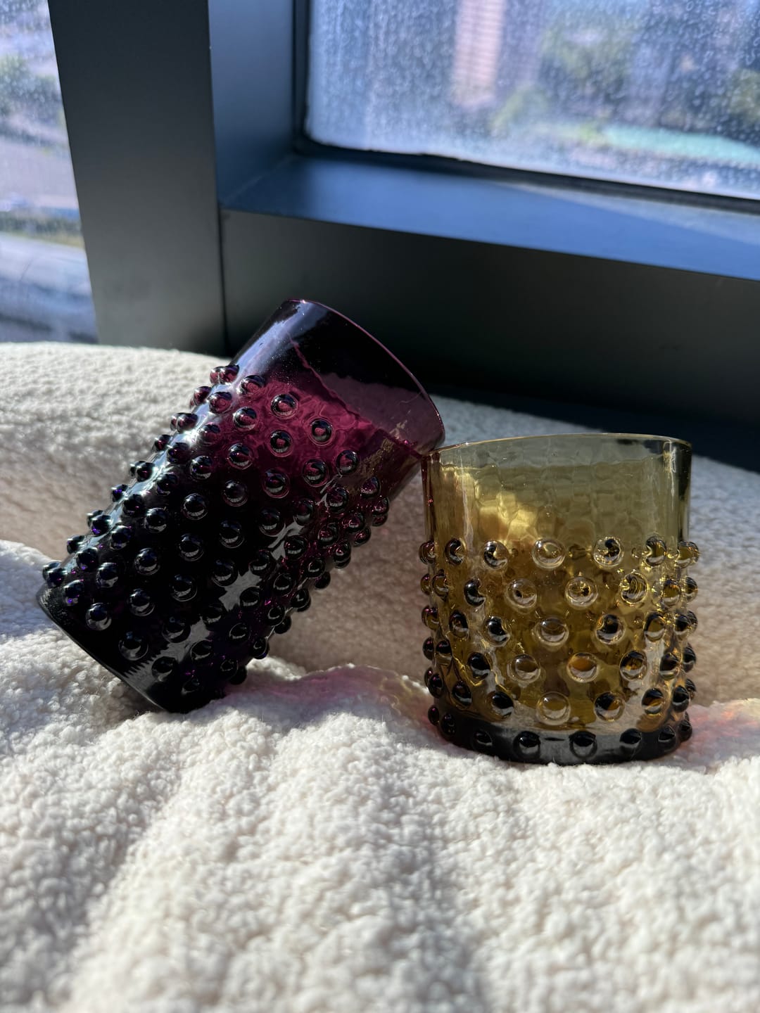 Customer photo review of Bonsai Green Hobnail Whiskey Glasses
