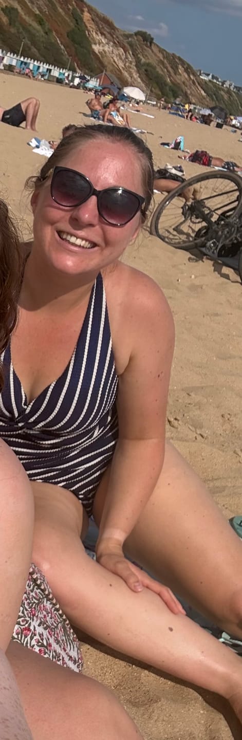 Customer photo review of Navy Textured Stripe Twist Front Swimsuit