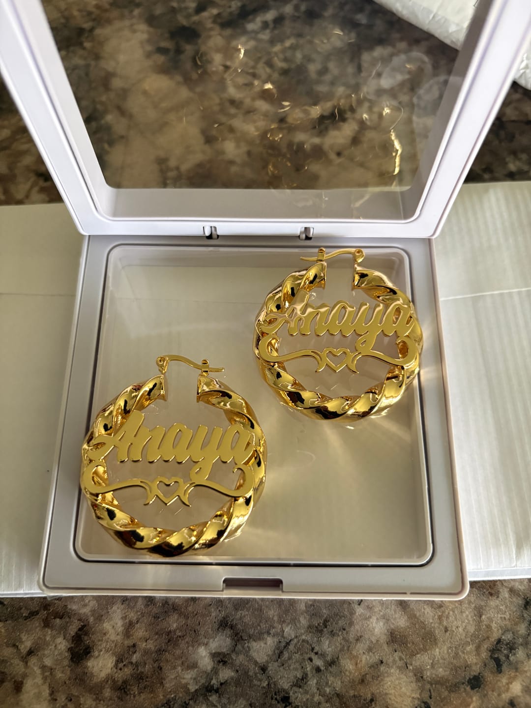 Customer photo review of Heart Twist Name Hoop Earrings