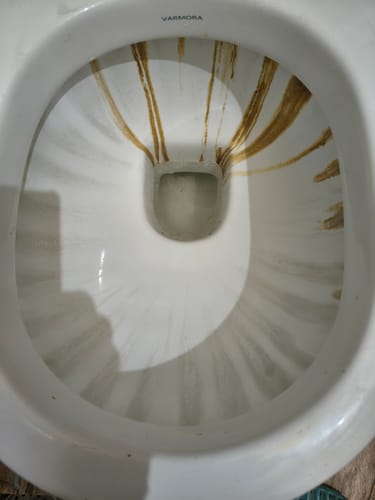 Customer's Heavy Duty Toilet Bowl Cleaner used in a stained toilet bowl, showing dark vertical stains remaining
